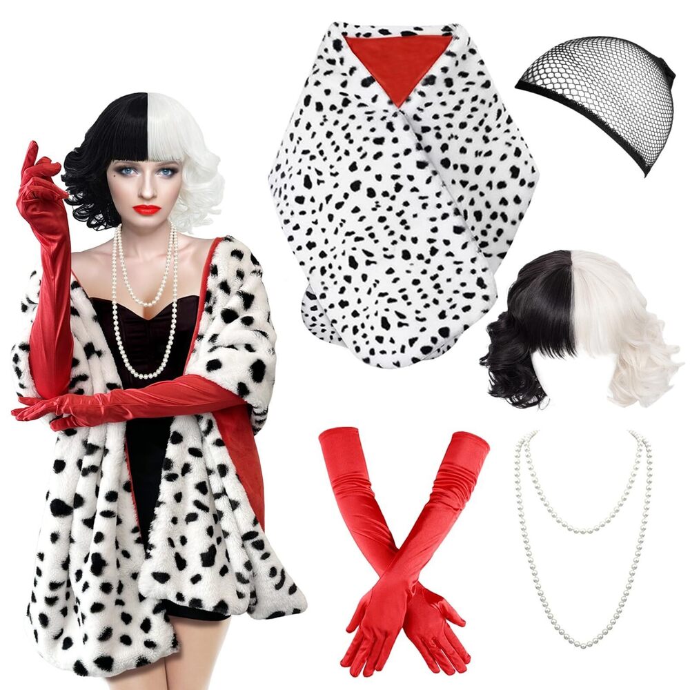 9415 5pcs Halloween Costume Women, Dalmatian Shawl, Black